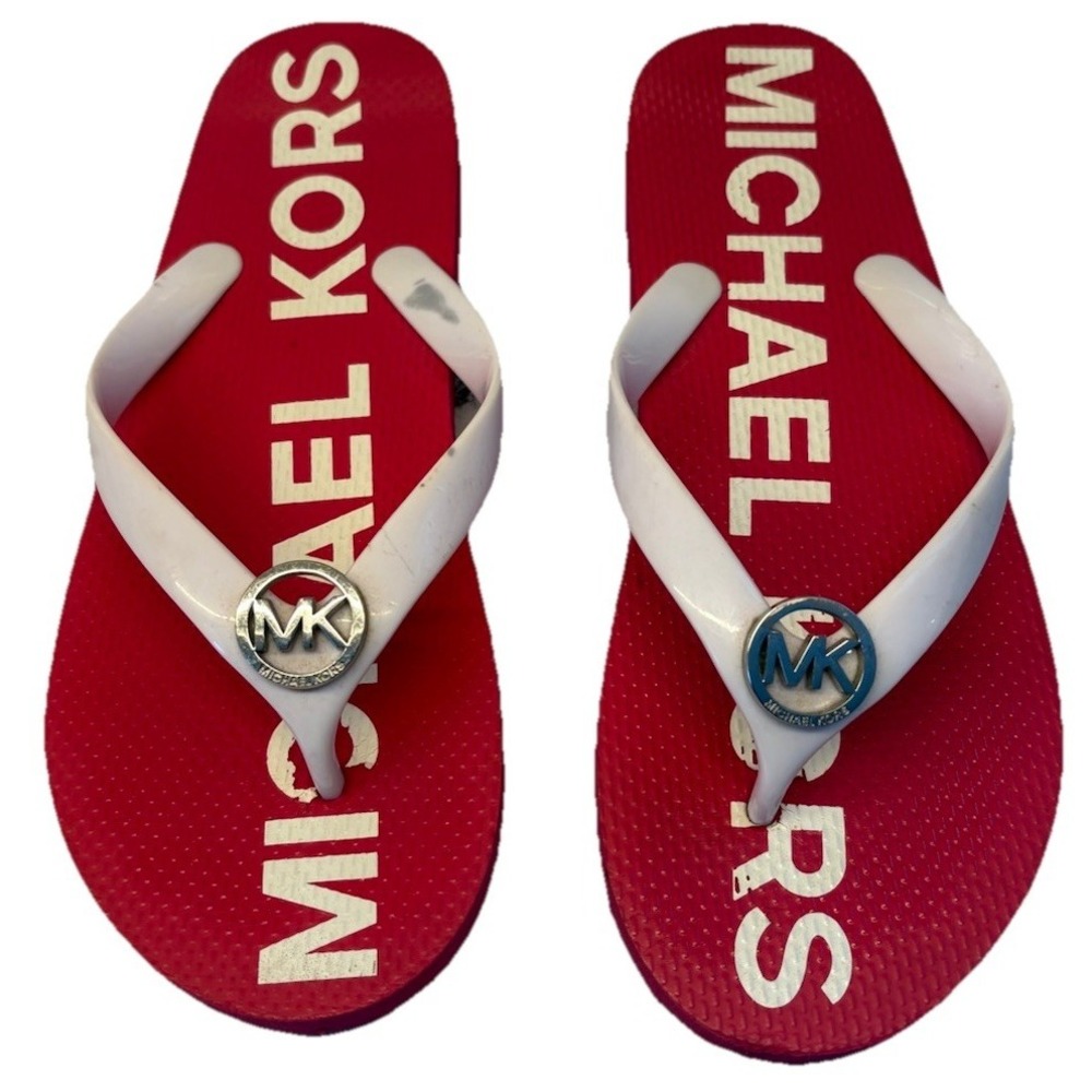 Michael Kors MK Graphic Logo Flip Flops Sandals Blossom Pink Women's Size 8